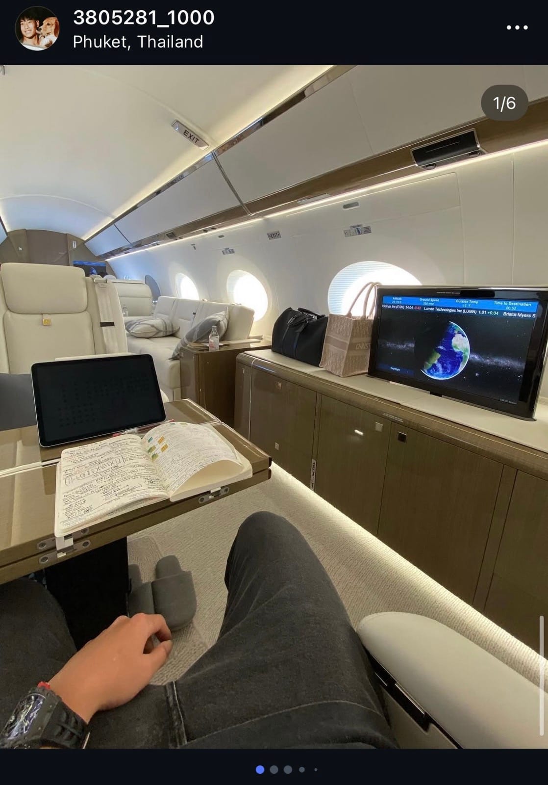 Gulfstream interior tagged Phuket Thailand with stock ticker display