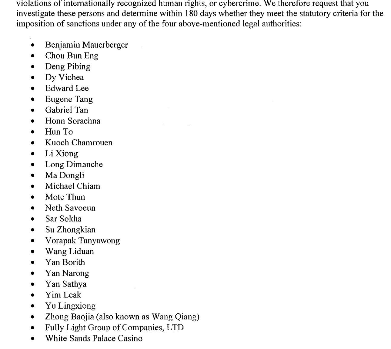 Excerpt from the September 2026 congressional letter listing people and entities proposed for a sanctions investigation, including Benjamin Mauerberger.