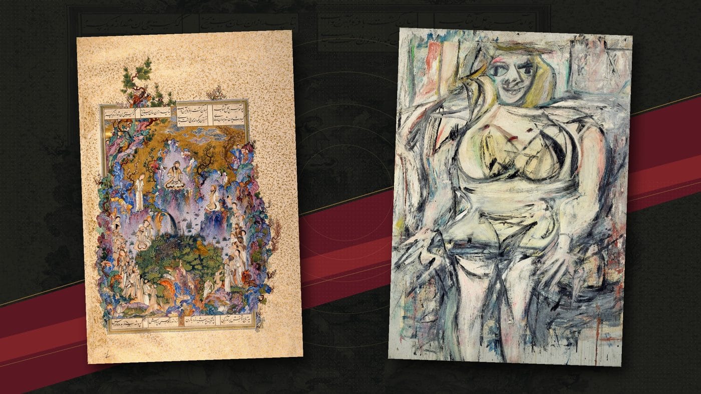 Straight-edged reproductions of a Shahnameh illustration and Woman III against a dark manuscript-textured backdrop with a burgundy diagonal.