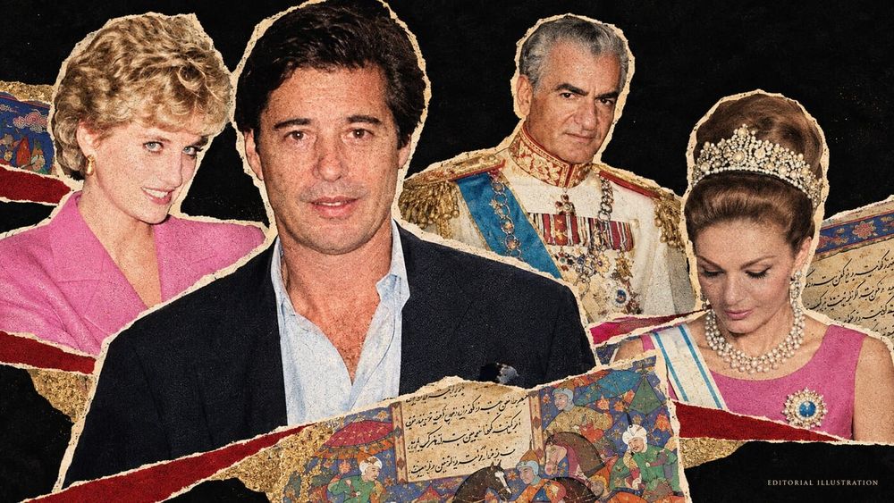 Editorial montage of Diana, Oliver Hoare, Mohammad Reza Shah and Farah Pahlavi, with Persian manuscript details.