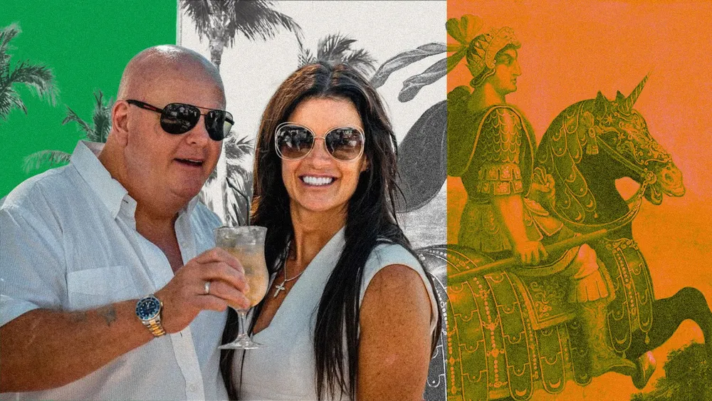 Bald man in sunglasses and white shirt holding a cocktail beside a smiling woman, against green, white and orange stripes with an illustrated horseman
