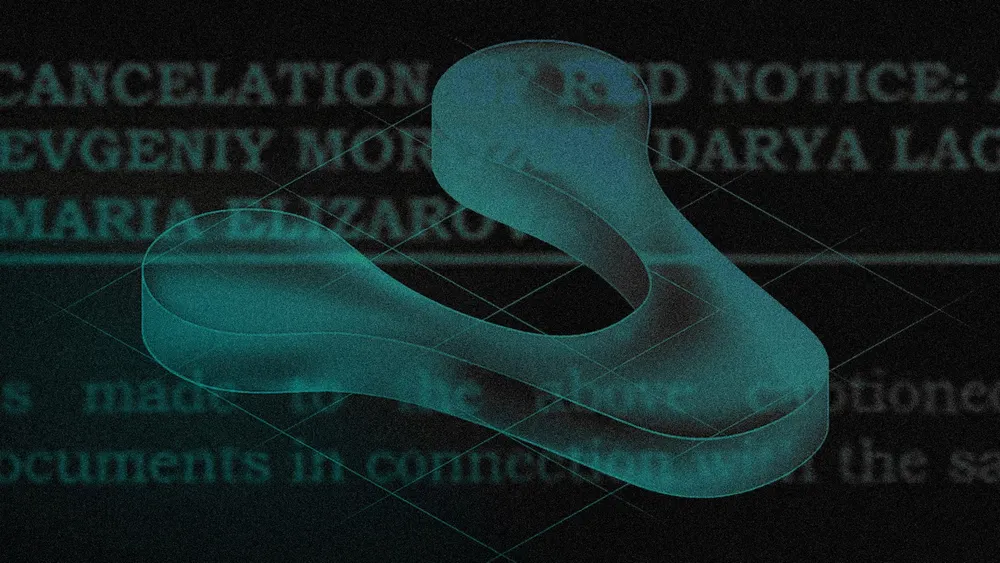 Teal translucent 3D looped shape over a blurred document headed "Cancelation of red notice", with names partly visible
