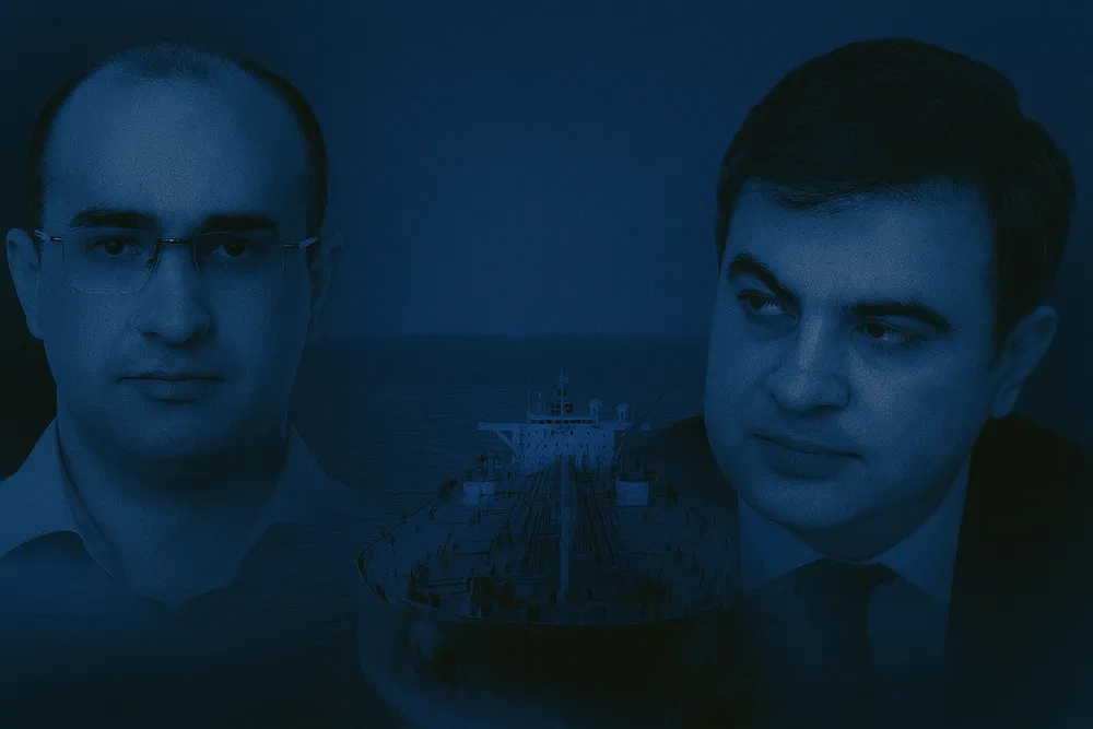 Blue-tinted collage of two men, one balding with glasses, one in a suit and tie, flanking an oil tanker at sea