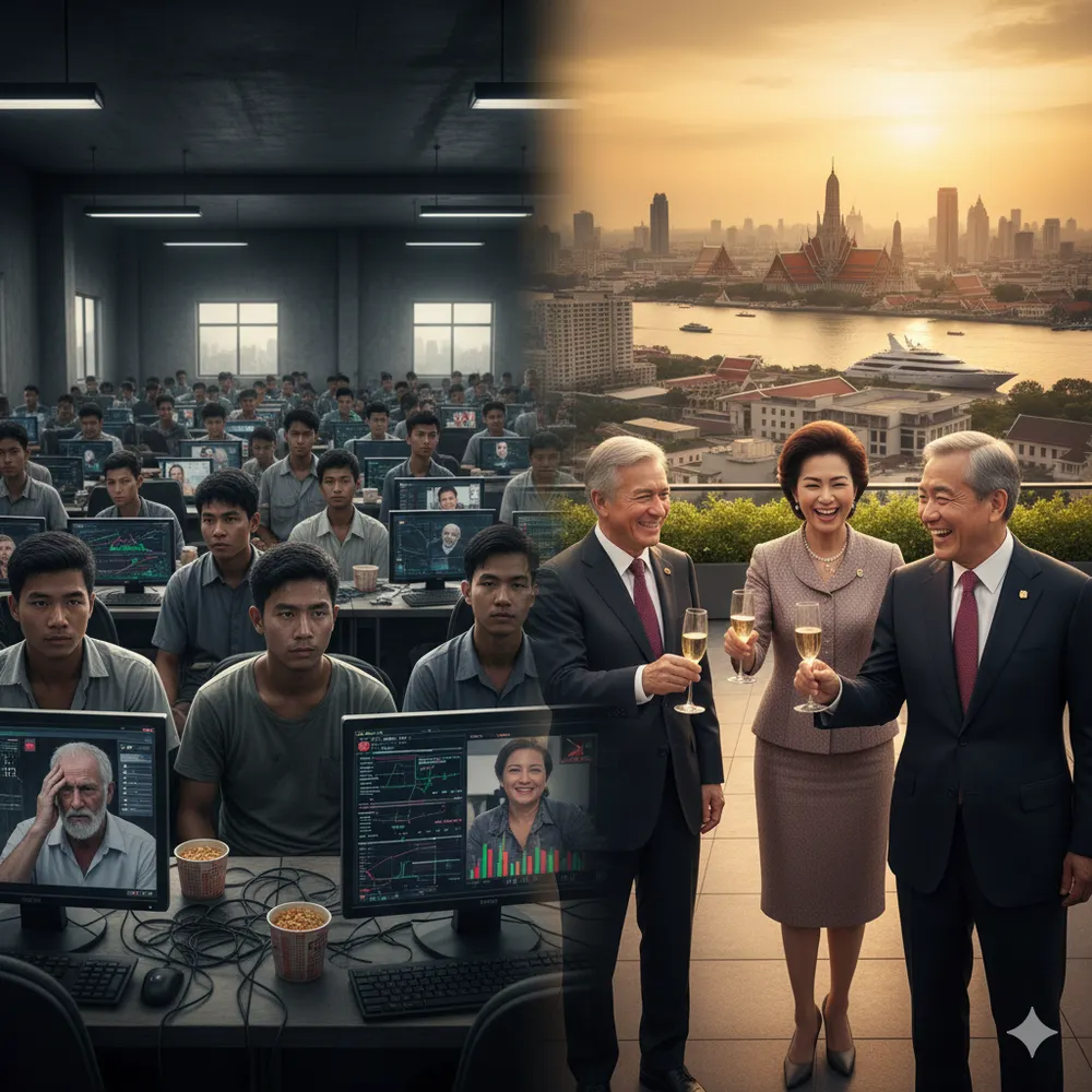 Split scene: rows of tense young men at trading screens in a bleak office, versus three smiling suited people toasting above a city skyline