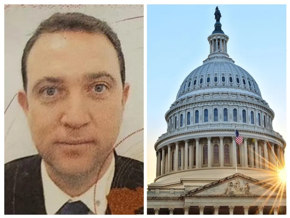 Split image: a man in a dark jacket and tie looking at the camera, beside the sunlit US Capitol dome