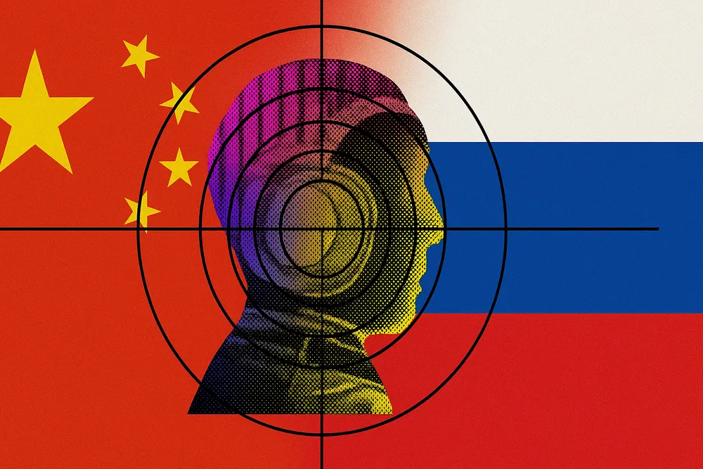 Silhouetted head in a crosshair target over the Chinese and Russian flags, shown in halftone purple and yellow