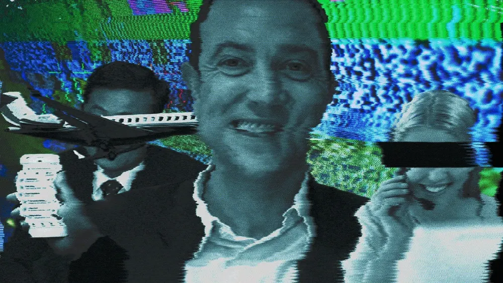 Glitchy teal-tinted collage of a smiling man in an open-collared shirt, a figure holding a phone, a woman on a call, and a jet