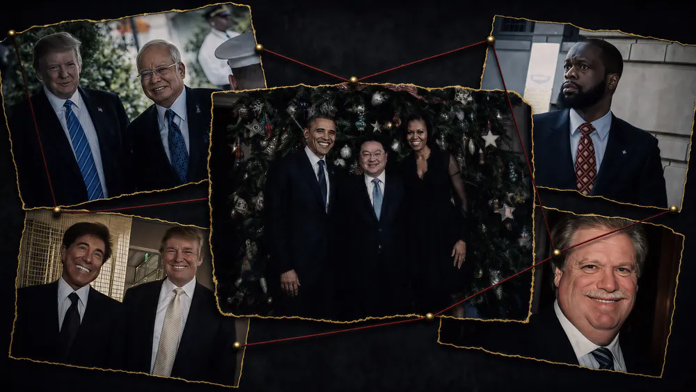 Collage of five photos linked by red string showing men in suits and a smiling trio before a decorated Christmas tree