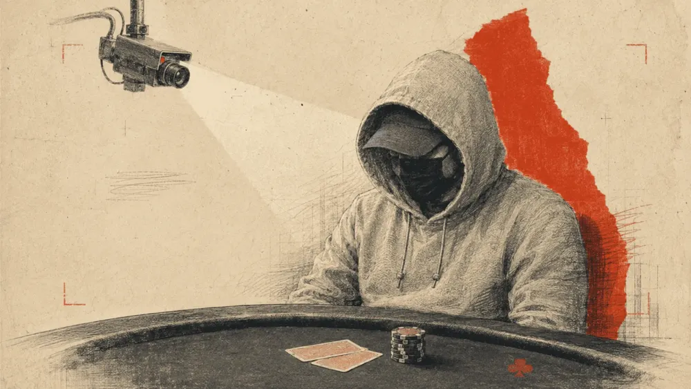 Illustration of a masked, hooded poker player at a table beneath a video camera.