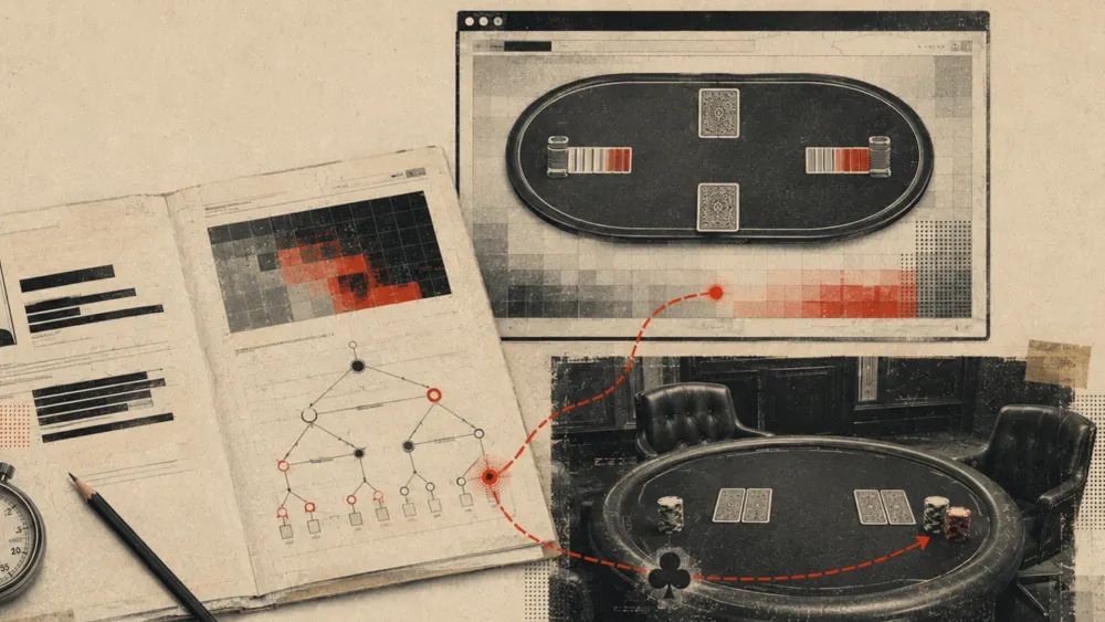 Illustration of a poker strategy dossier, computer simulation and two-player table, connected by red arrows.