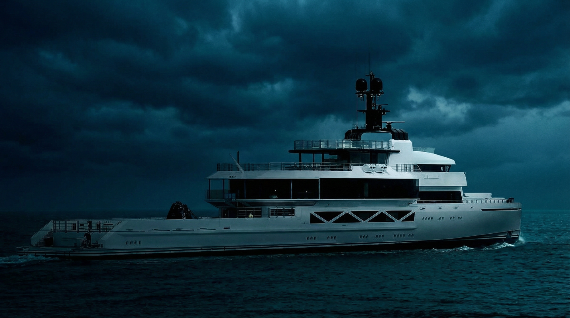 The superyacht Wanderlust under stormy skies