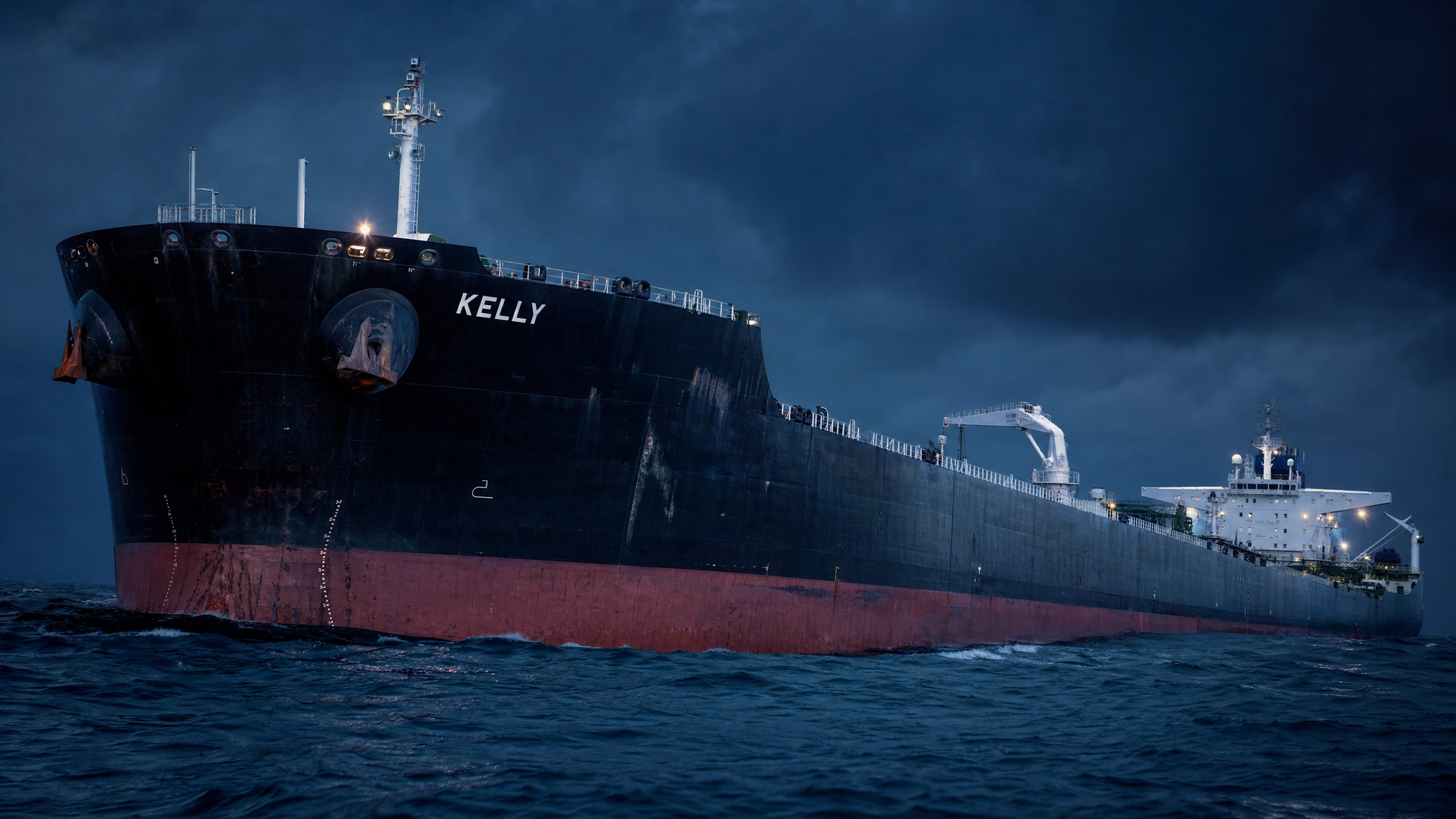 The MT Kelly oil tanker at sea at dusk