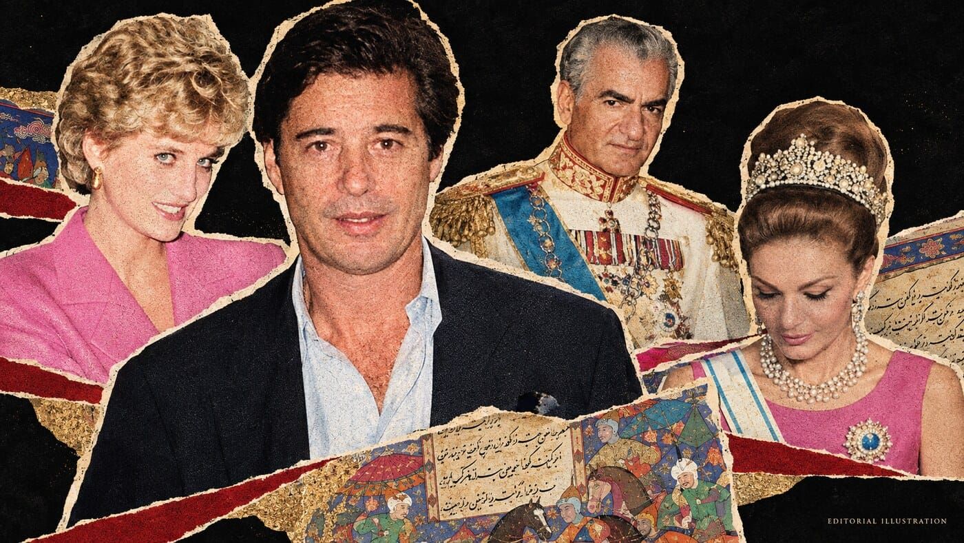 Editorial montage of Diana, Oliver Hoare, Mohammad Reza Shah and Farah Pahlavi, with Persian manuscript details.