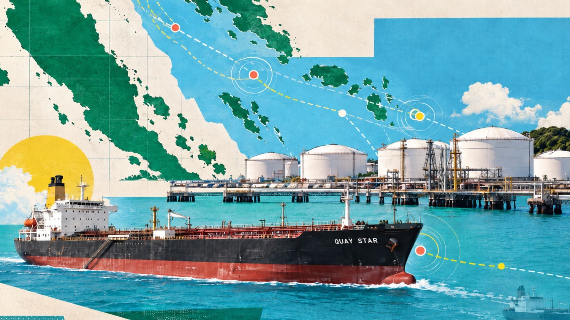 Illustration of the tanker QUAY STAR sailing past oil storage tanks and a jetty, over a stylised map of the Strait of Malacca with tracking dots