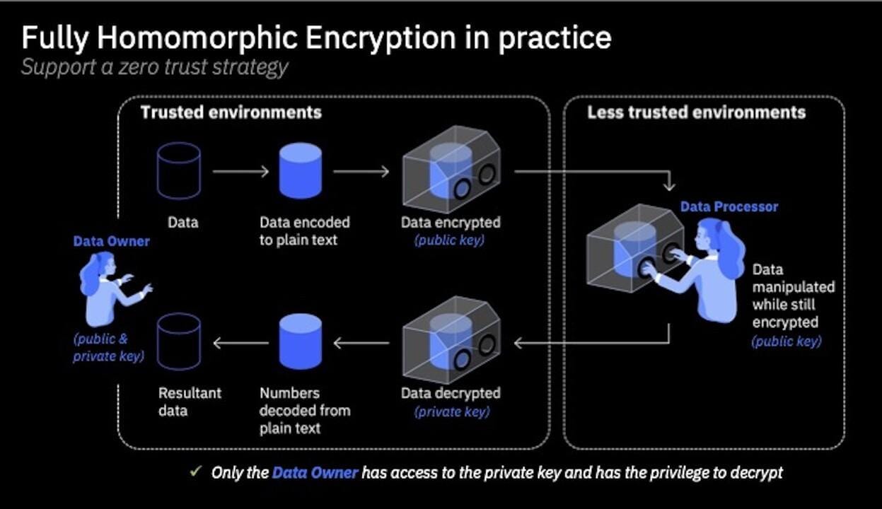 The image is an infographic titled 'Fully Homomorphic Encryption in practice' with the subtitle 'Support a zero trust strategy'. It illustrates the process of data encryption and decryption in trusted and less trusted environments. On the left, under 'Trusted environments', a sequence shows data being encoded to plain text and then encrypted using a public key. A 'Data Owner' is depicted with access to both public and private keys. On the right, under 'Less trusted environments', a 'Data Processor' manipulates the data while it remains encrypted. The process concludes with data being decrypted using a private key, resulting in 'Resultant data'. The text emphasizes that only the Data Owner has access to the private key and the privilege to decrypt. The diagram uses arrows to indicate the flow of data and includes visual representations of data storage and processing.