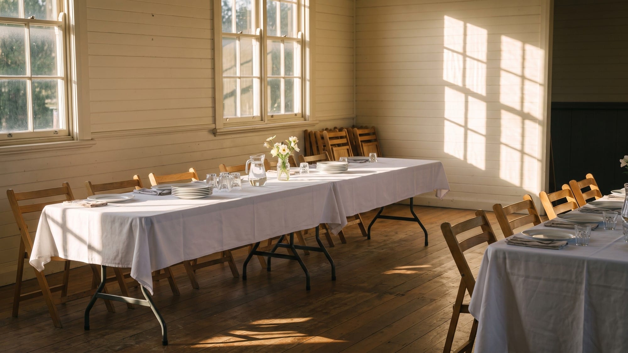 The interior of an empty country community hall in late afternoon light, with two long trestle tables covered in white cloths and set simply for a shared meal, plain wooden folding chairs, and long window shadows across bare floorboards.
