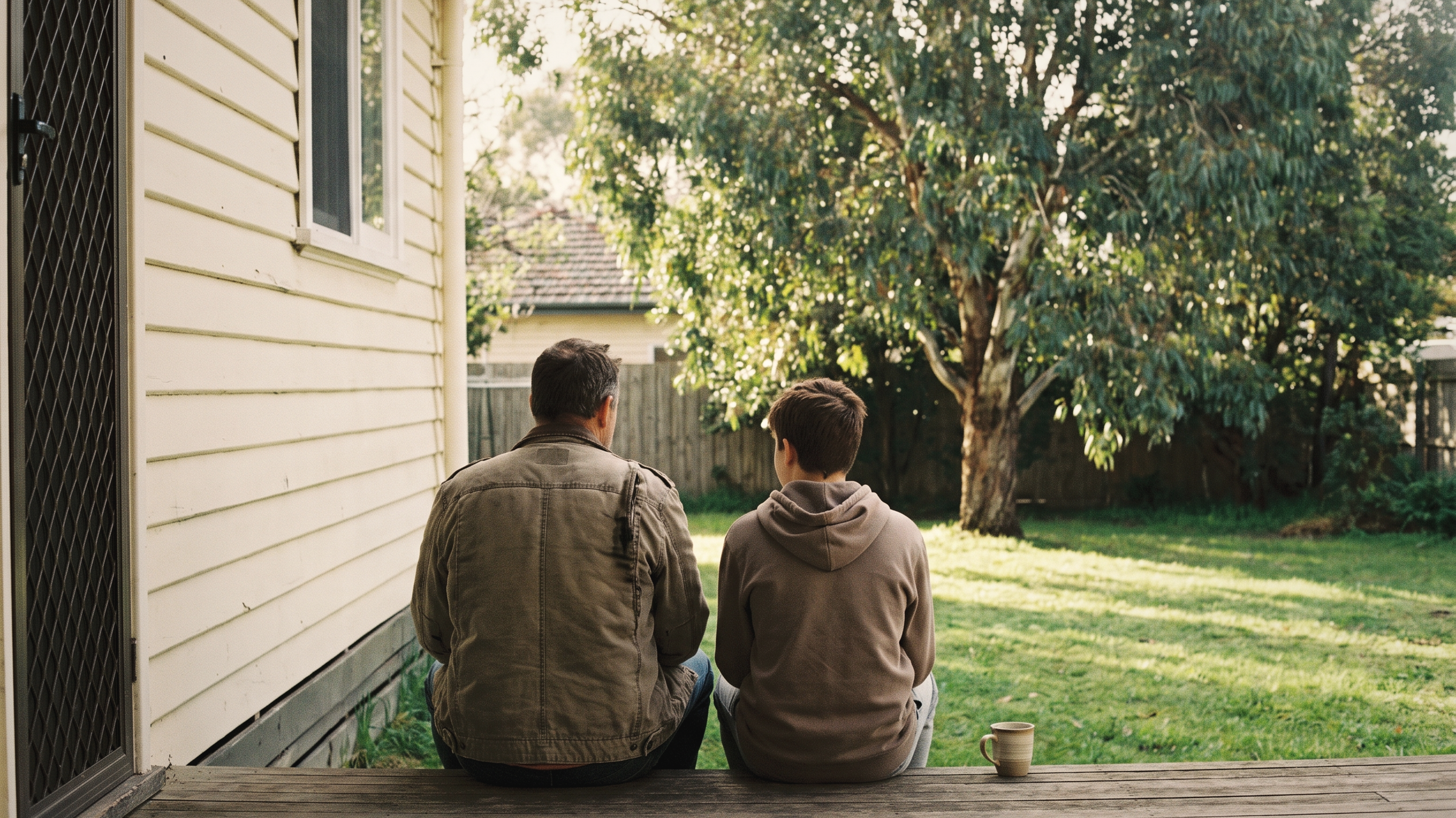A father and his teenage son sit together on the back step of a weatherboard house, looking out over the yard.