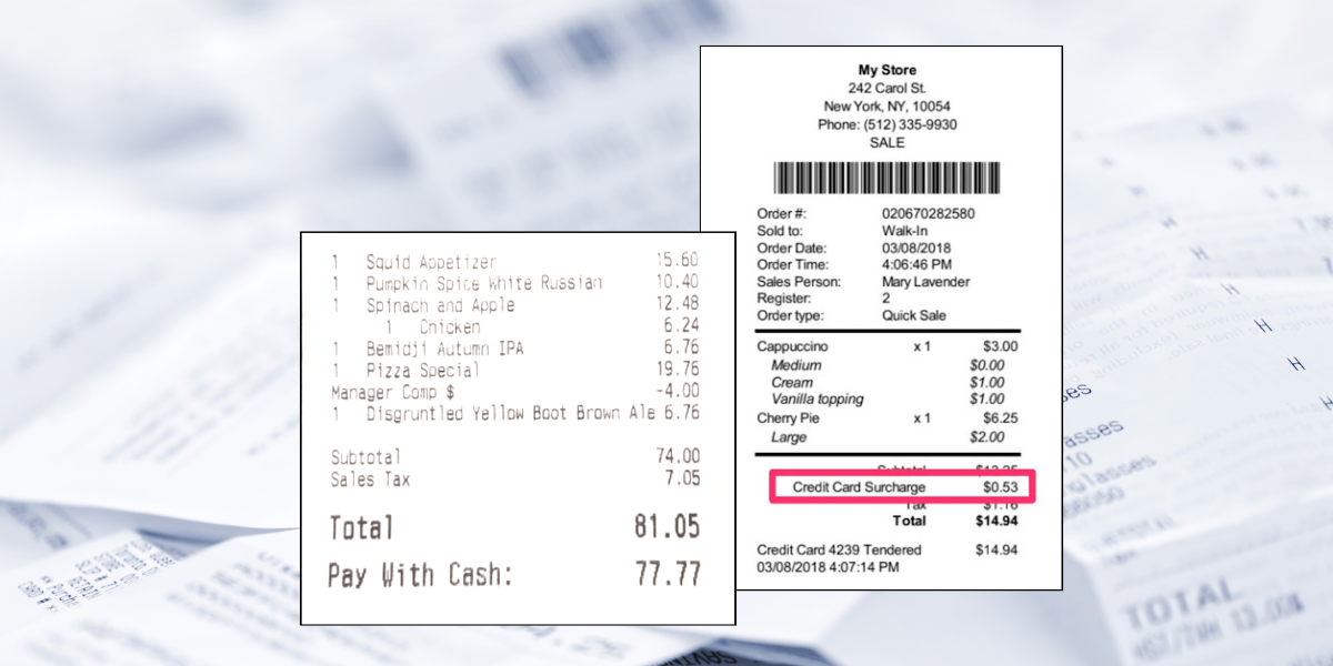 A cash discount receipt shows a lower cash price while a surcharge receipt shows an added line item charge