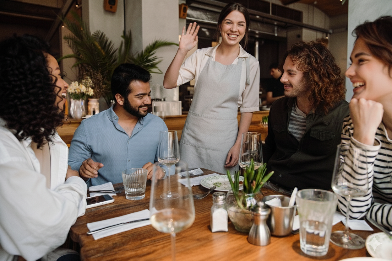 Server saying goodbye to guests after the meal.