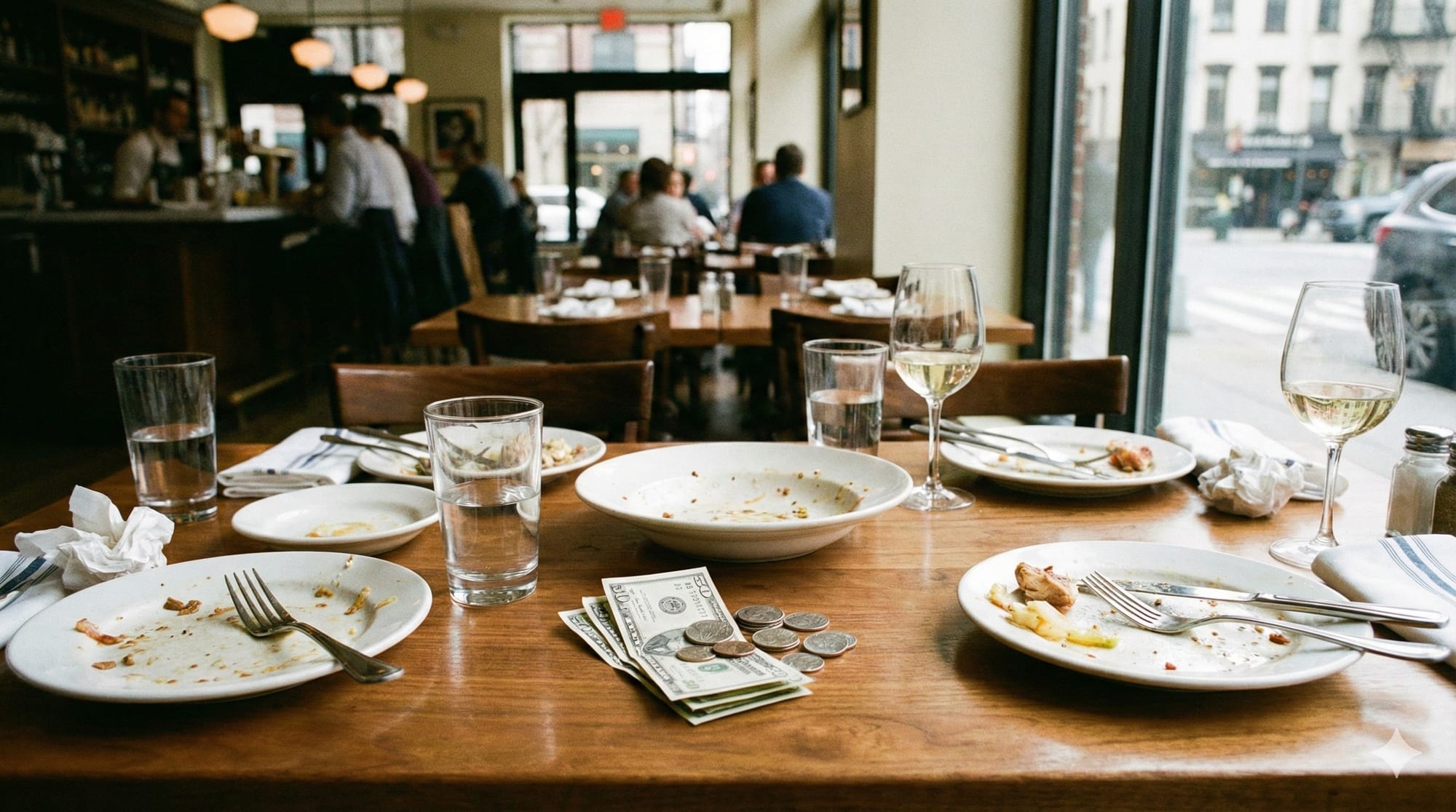 A cash tip sitting amongst finished plates and glasses on a restaurant table