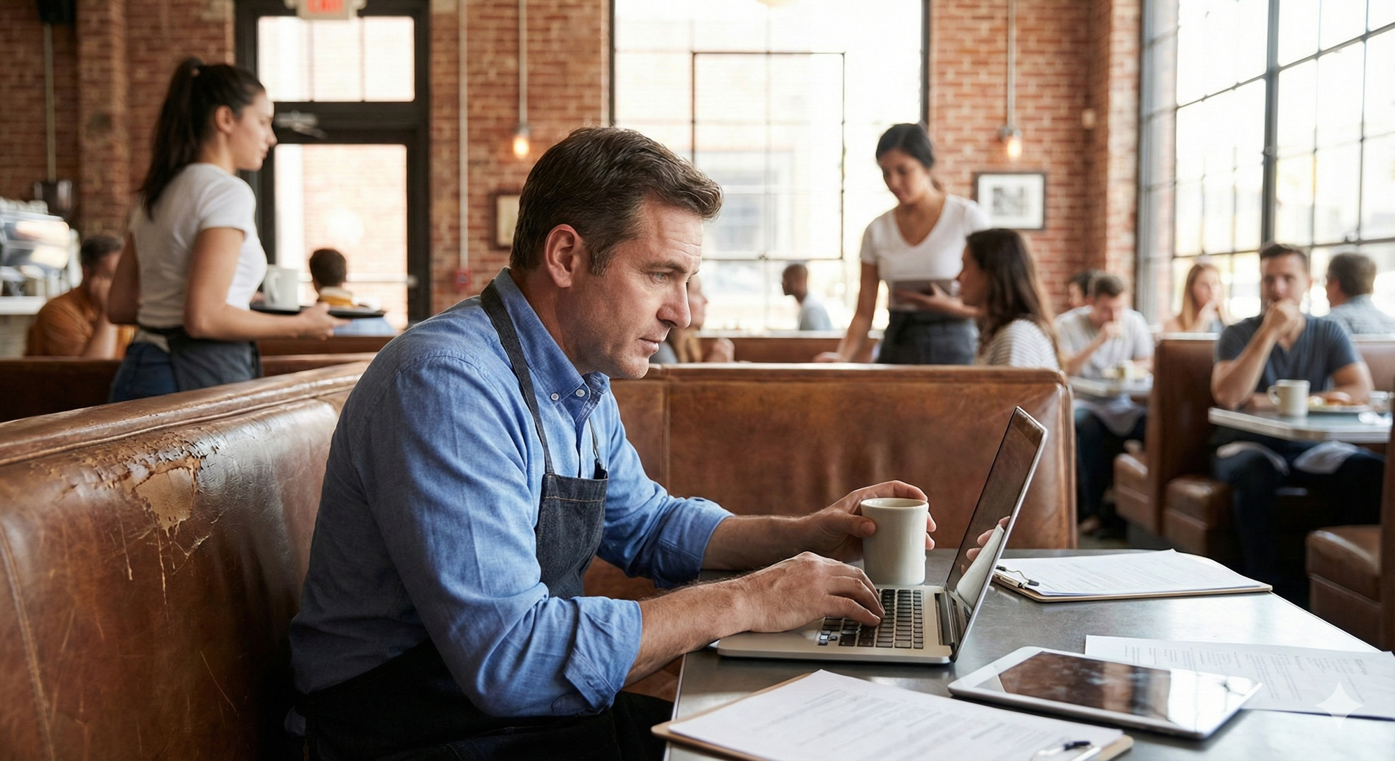 Restaurant manager on a laptop working on boosting online presence