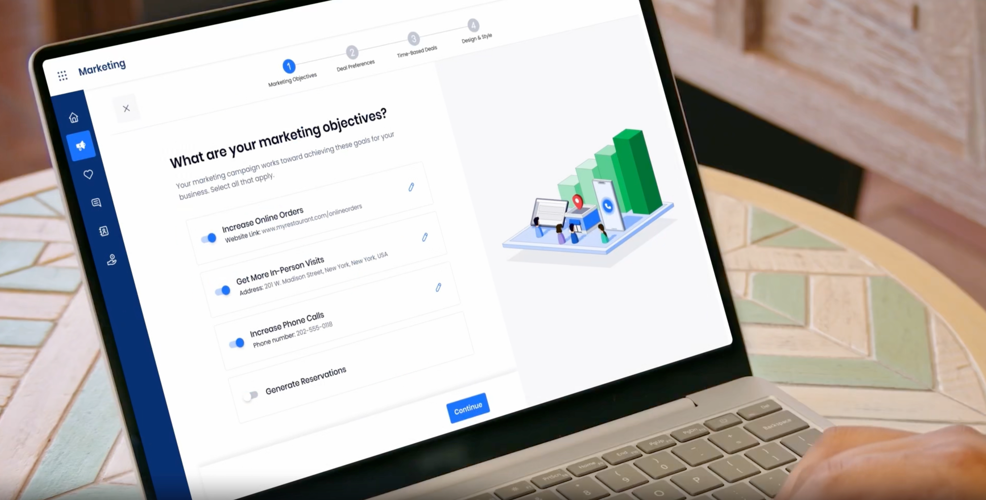 Screenshot of getting started with SpotOn Marketing by setting your marketing objectives.