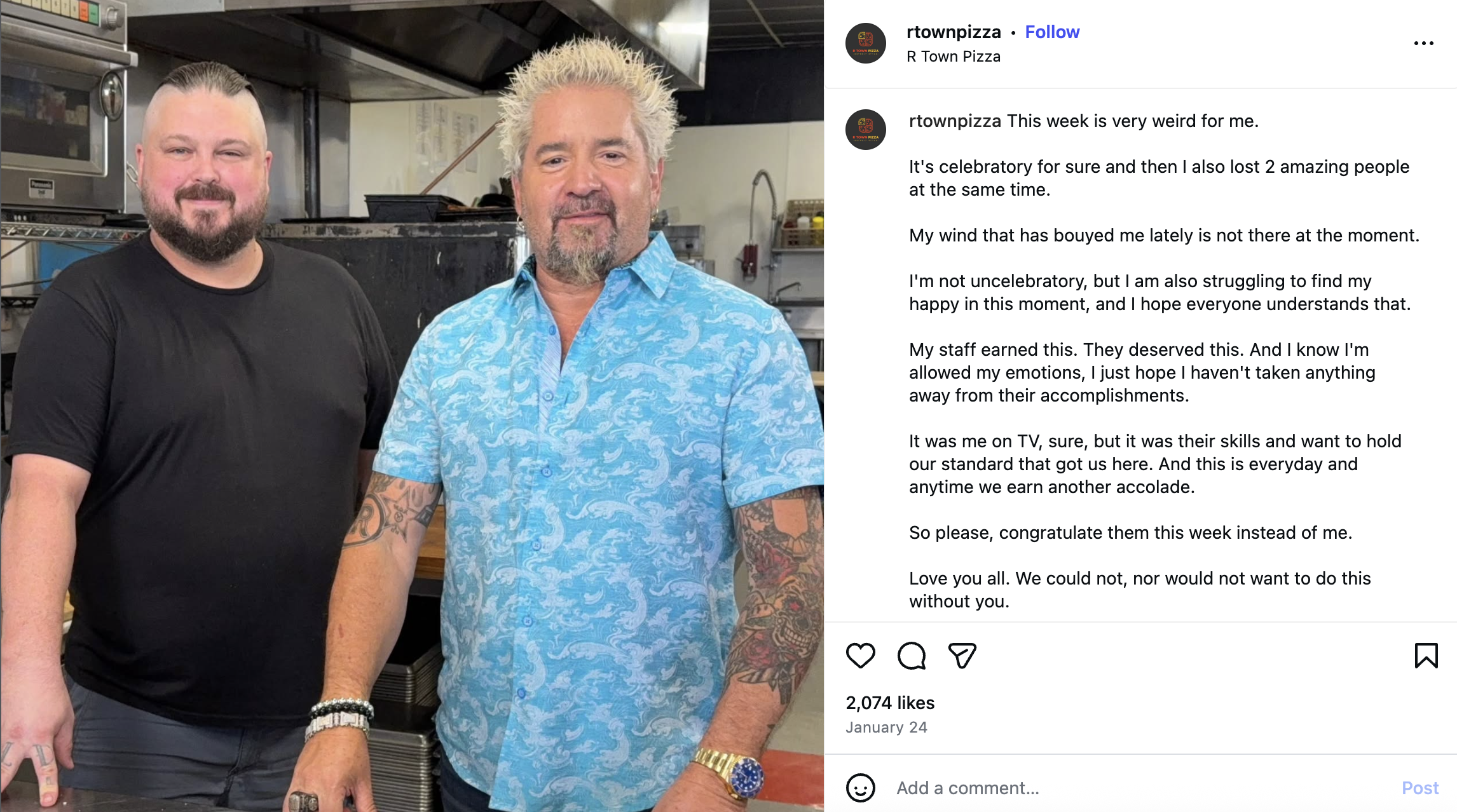 Marvin Kinney poses with Guy Fieri during filming of Diners, Drive-ins and Dives at R Town Pizza in Reno, NV