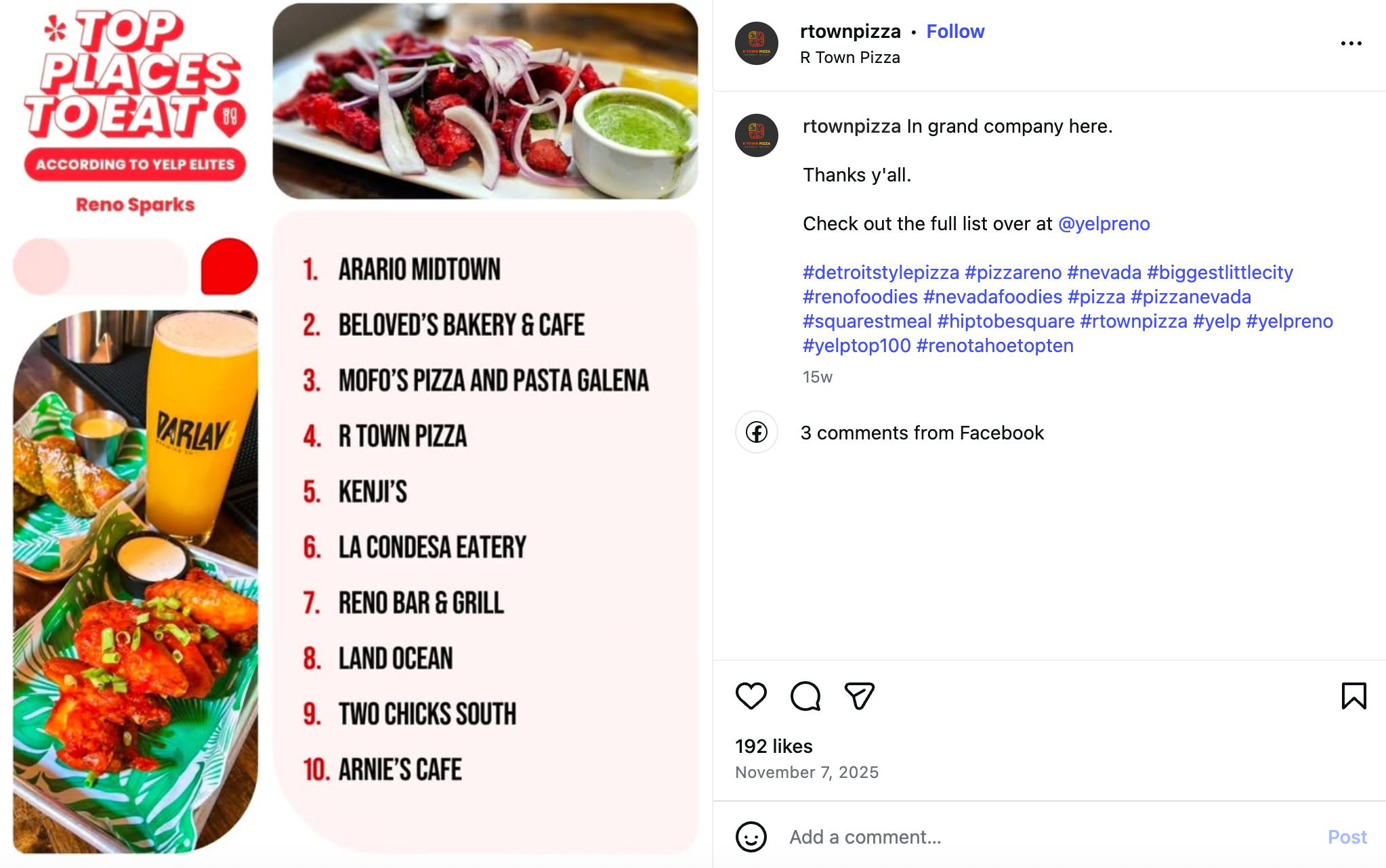 Facebook social media post from R Town Pizza showing their Yelp Top Places top Eat recognition