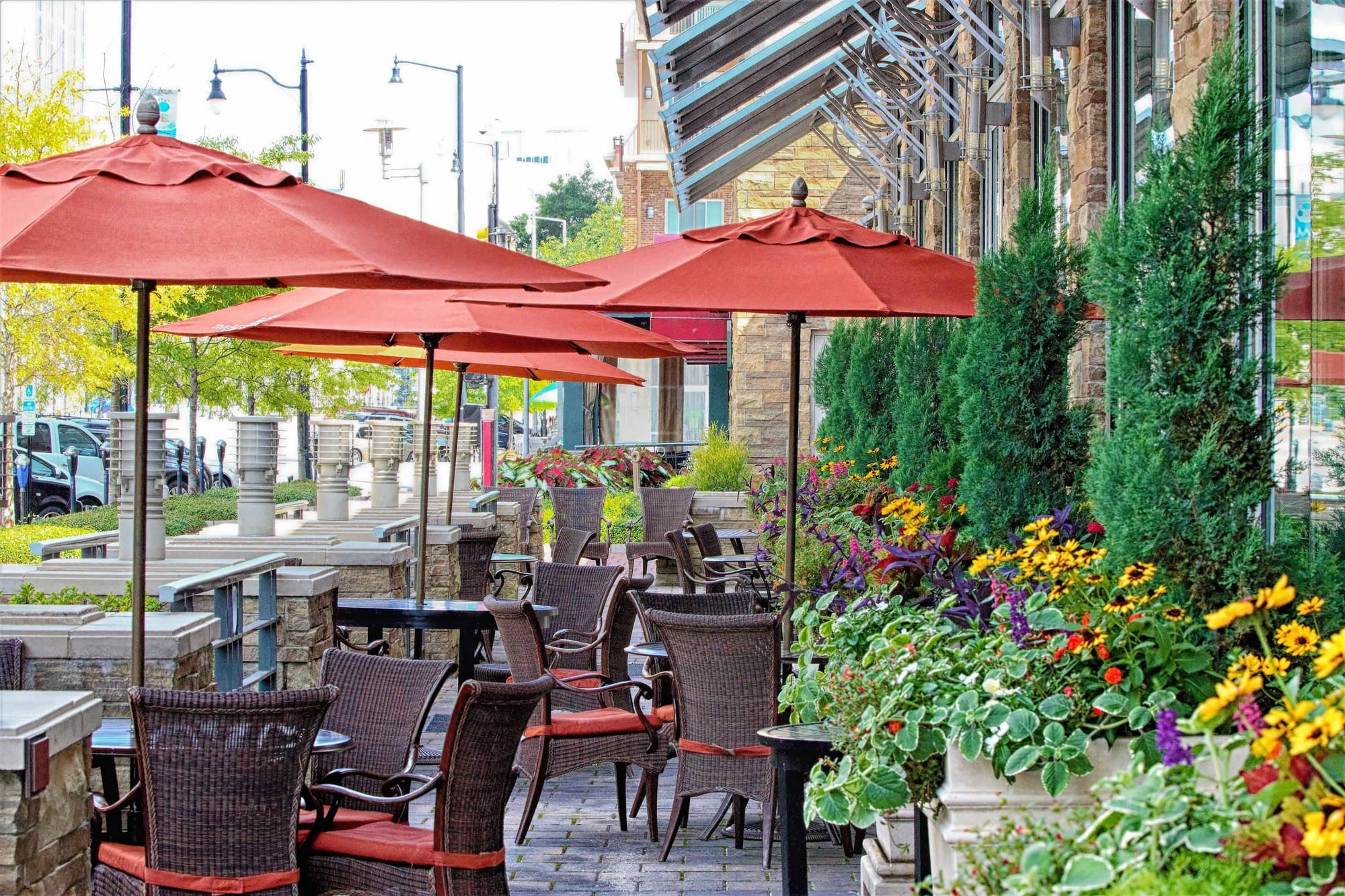 restaurant patio with umbrellas providing shade for outdoor dining