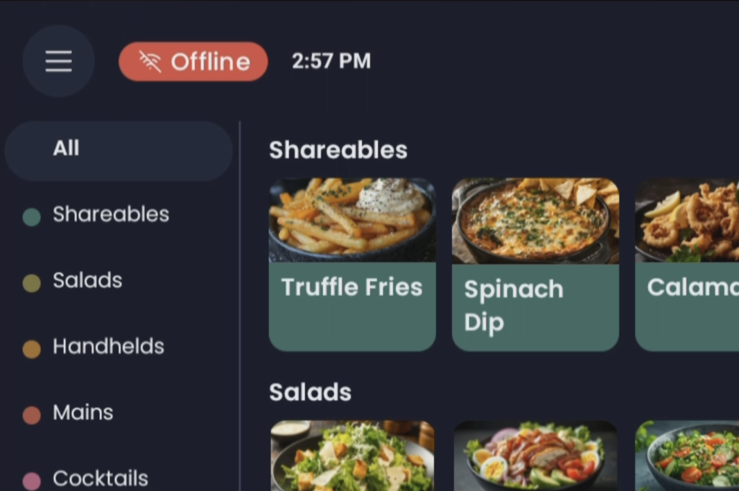 POS offline mode screen with menu and item selection