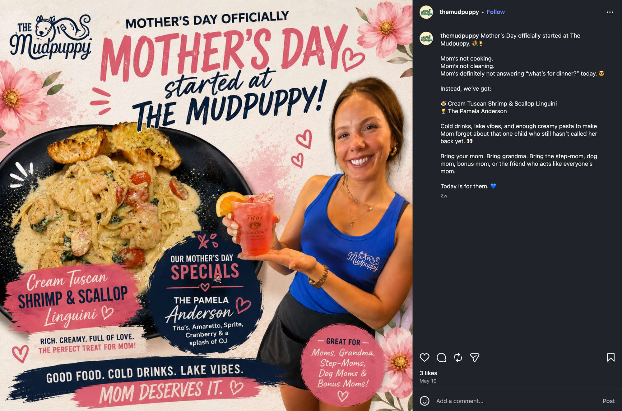 A member of The Mudpuppy's waitstaff holds a cocktail while promoting Mother's Day specials.