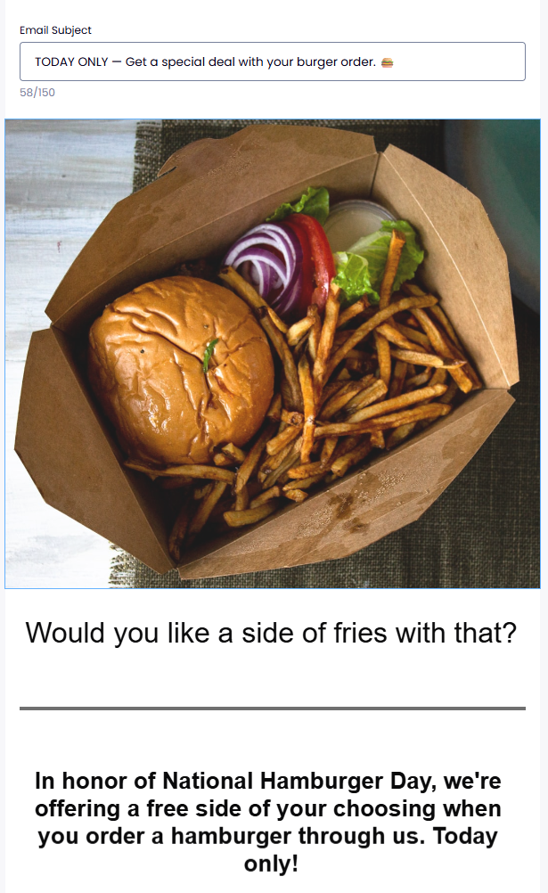 A restaurant email campaign promoting a free side dish offer for National Hamburger Day.