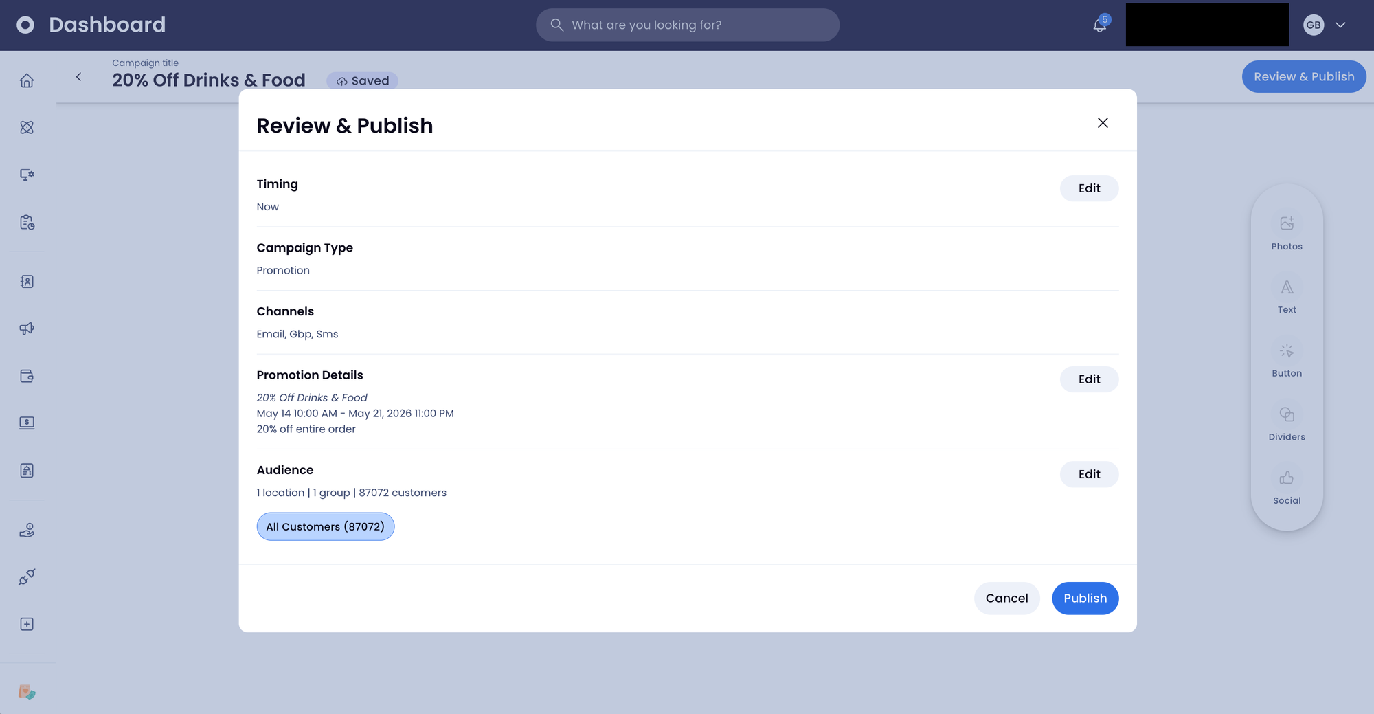 SpotOn dashboard Review & Publish screen for a 20% off campaign targeting 87,072 customers.