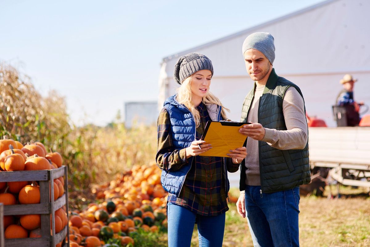 Man and woman wearing beanies look at a clipboard with a pumpkin harvest patch behind them.