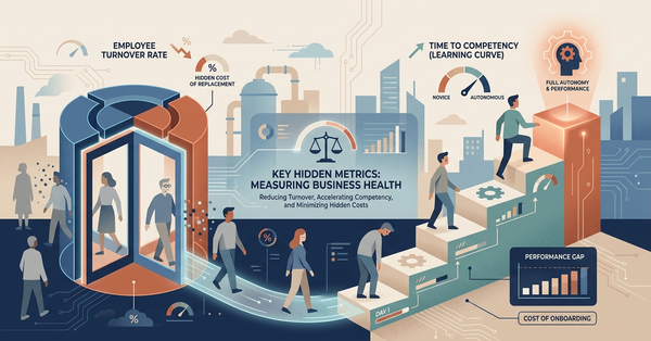 Illustration of workers leaving through a revolving door while new hires climb a learning curve toward full competency, with turnover and Time to Competency gauges