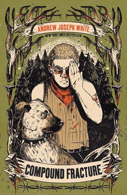A green cover. A frame of bloody antlers, railroad spikes, and barbed wire surround the main character and his dog.