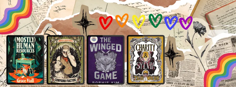 A collage-themed cover image featuring several books, rainbows, and rainbow hearts.