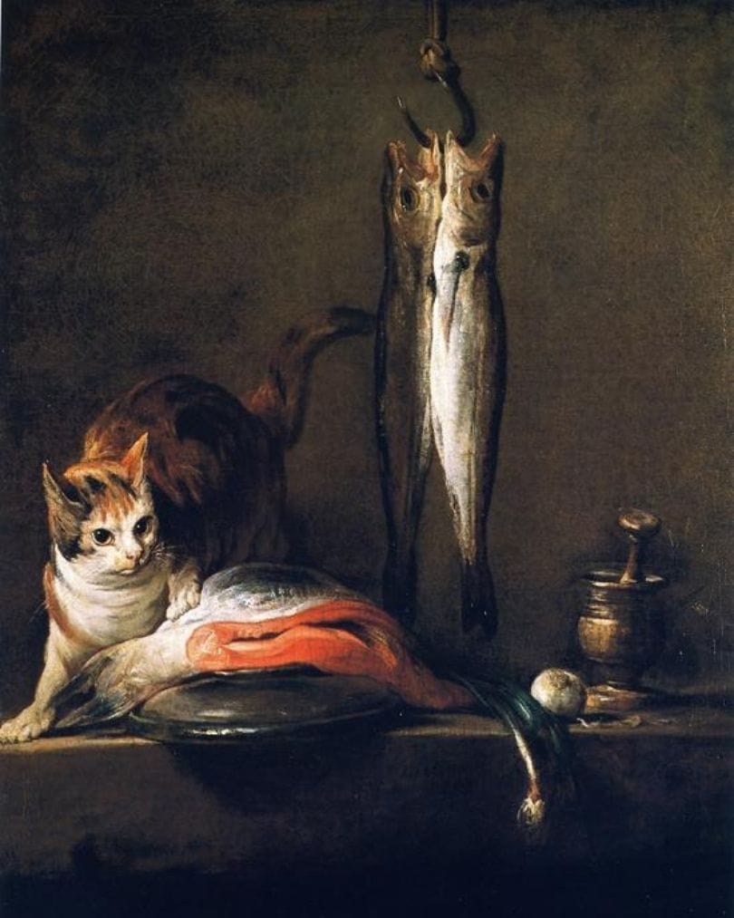 Chat au saumon, deux maquereaux, mortier et pilon, Jean Siméon Chardin (1728)
