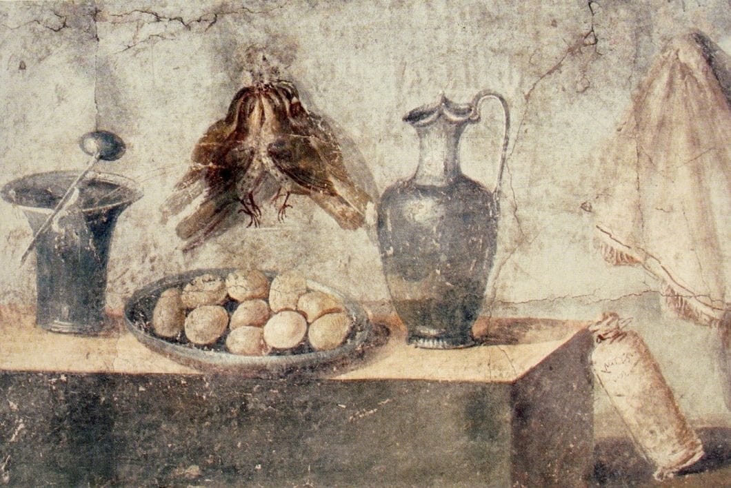 Nature morte avec des oeufs, des oiseaux et de la vaisselle en bronze