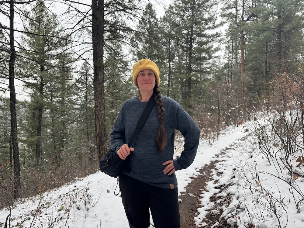 PAKA original crew being worn for a hike.