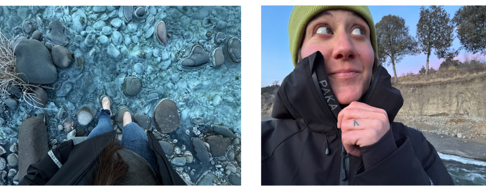 a woman hikes in a frigid wild landscape with the apu pakafill parka by paka on, showing off details that make it unique for the review