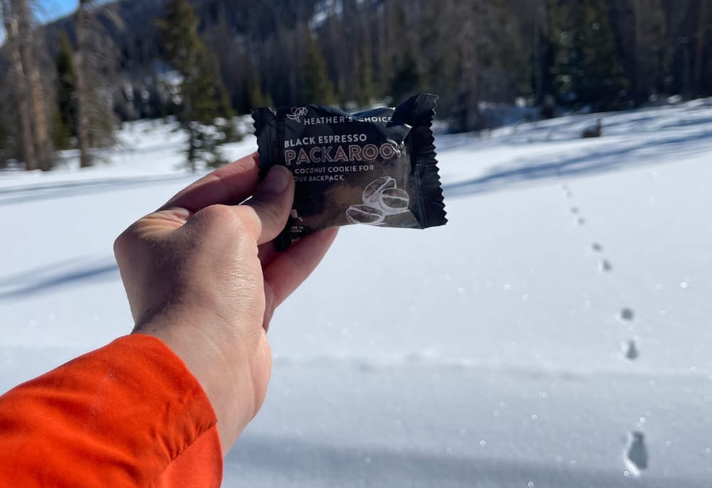 a hiker holds a packaroon in a snowy scenic hike