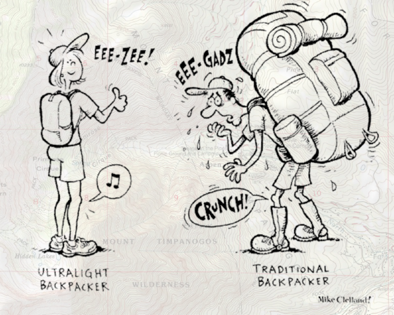 a comic depicting an ultralight backpackers versus a traditional backpacker