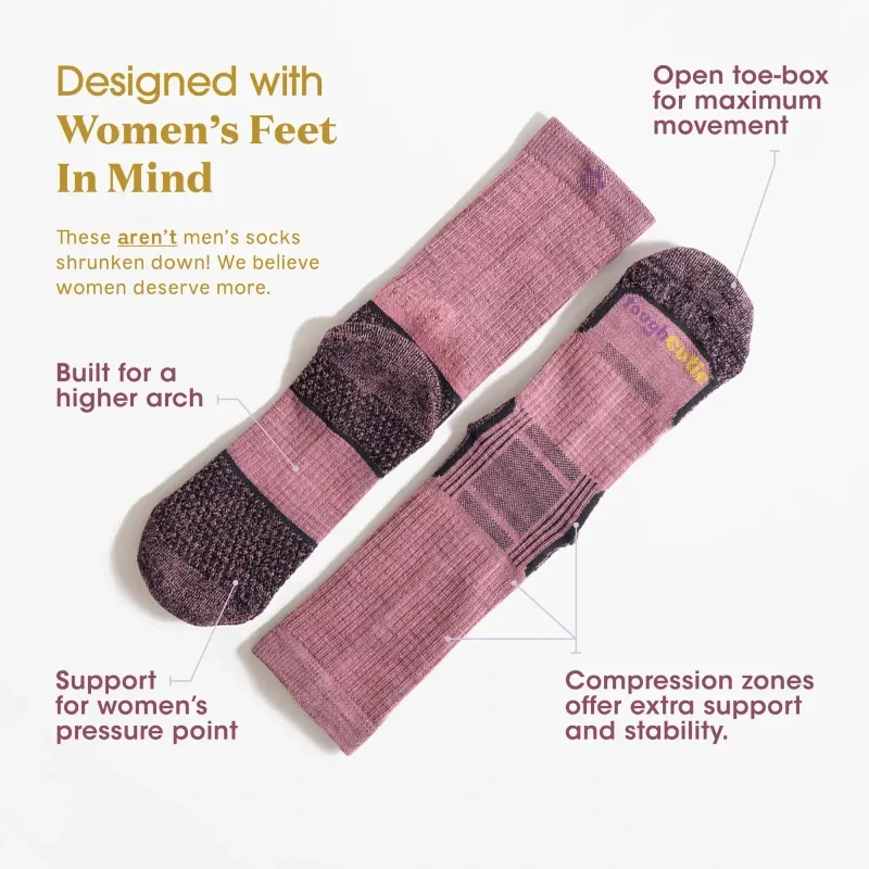 a infographic showing the features of toughcutie hiking socks for women