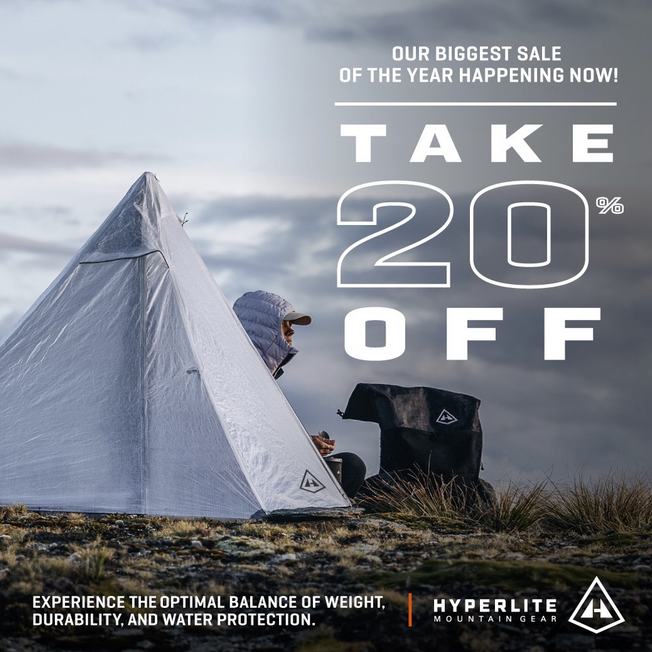 promotional banner of Hyperlite Mountain Gear's BIGGEST SALE OF THE YEAR for 2025 with tents and backpacks