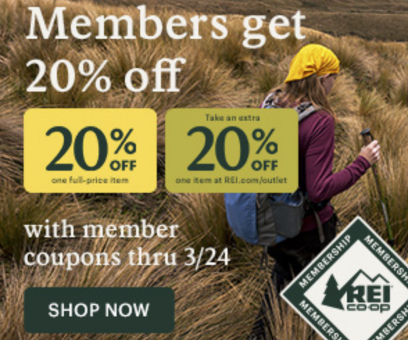 image for the coupon code and member sale march 2025 rei co-op and outlet
