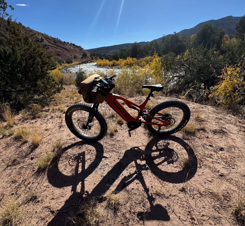 Scout Full Suspension eBike By Bakcou along the rio chama river in new mexico all loaded up for adventure