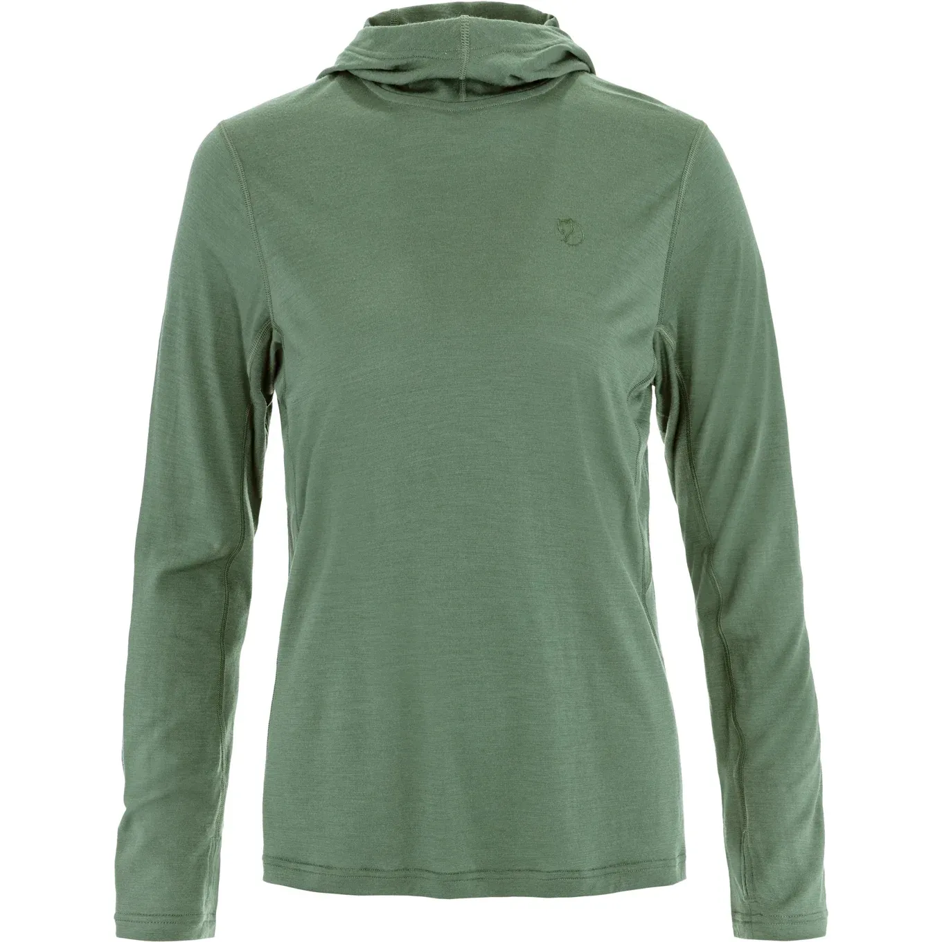 Studio image of the Fjällräven Abisko Wool Hoodie in green, showing its relaxed cut and lightweight fabric.