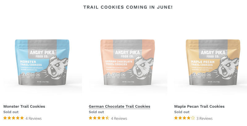 Angry Pika gluten-free trail cookies lineup of preorders for hiking.