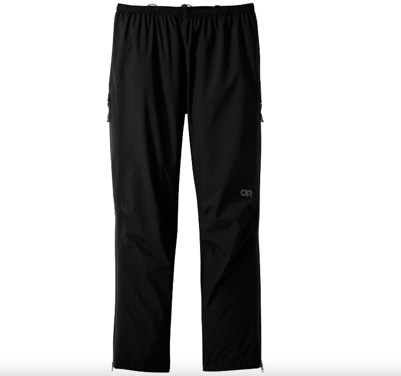 Black Outdoor Research Foray men's rain pants shown against a white background.